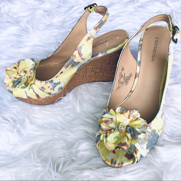 yellow peep toe wedges